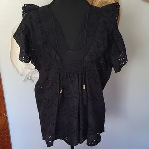 Elegant Nicole Miller  Black Eyelet Blouse with Ruffle Details